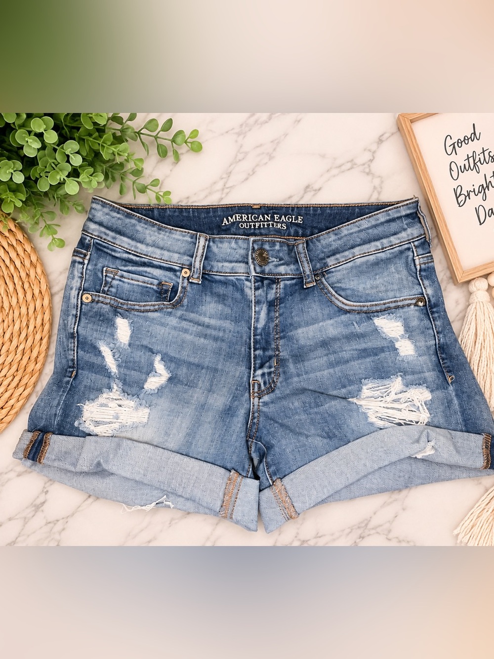 American Eagle Distressed Cuffed Denim Shorts Size 12 | Medium Wash